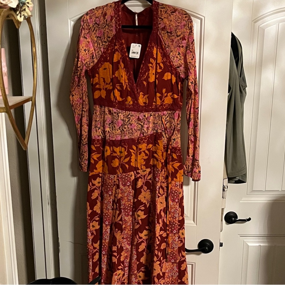 Free People Red and Pink Floral Long Sleeve Dress